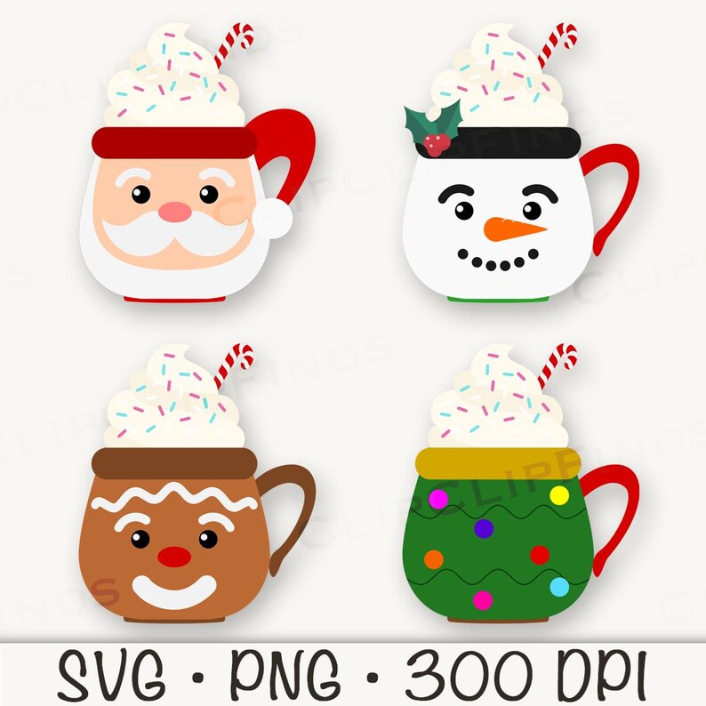 May include: Four different Christmas-themed mugs with whipped cream and sprinkles. The mugs are decorated with Santa, a snowman, a gingerbread man, and a Christmas tree.