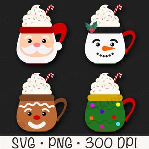 May include: Four different Christmas-themed mugs with whipped cream and sprinkles. The mugs are decorated with Santa Claus, a snowman, a gingerbread man, and a Christmas tree.