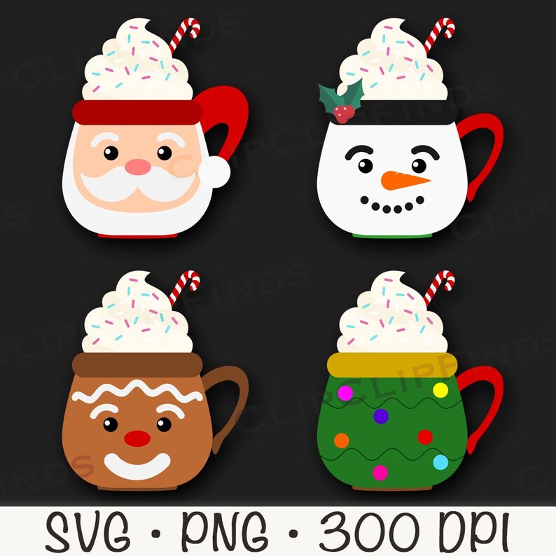 May include: Four different Christmas-themed mugs with whipped cream and sprinkles. The mugs are decorated with Santa Claus, a snowman, a gingerbread man, and a Christmas tree.