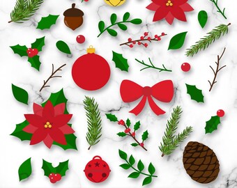 Elementos de vegetación navideña, flor de Pascua, piña, bellota, bayas de acebo, ramas de pino, flores de invierno, SVG, PNG, follaje, descarga digital
