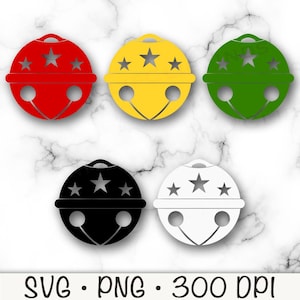 May include: Set of five jingle bells in different colors: red, yellow, green, black, and white. Each bell has a star design and a loop at the top.
