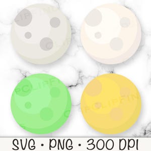 May include: Four different colored moons with craters. The moons are white, light green, yellow, and light gray.