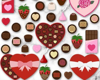 May include: A collection of Valentine's Day themed digital clipart featuring chocolate candies, chocolate bars, heart-shaped boxes, and strawberries dipped in chocolate. The clipart is in a cartoon style and is perfect for creating Valentine's Day cards, invitations, and other crafts.