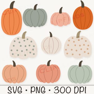 Puede incluir: Conjunto de diez im&aacute;genes de clipart digitales de calabazas en varios colores y patrones. Las calabazas son en tonos de naranja, melocot&oacute;n, beige y verde. Algunas calabazas tienen lunares, mientras que otras son de colores s&oacute;lidos.
