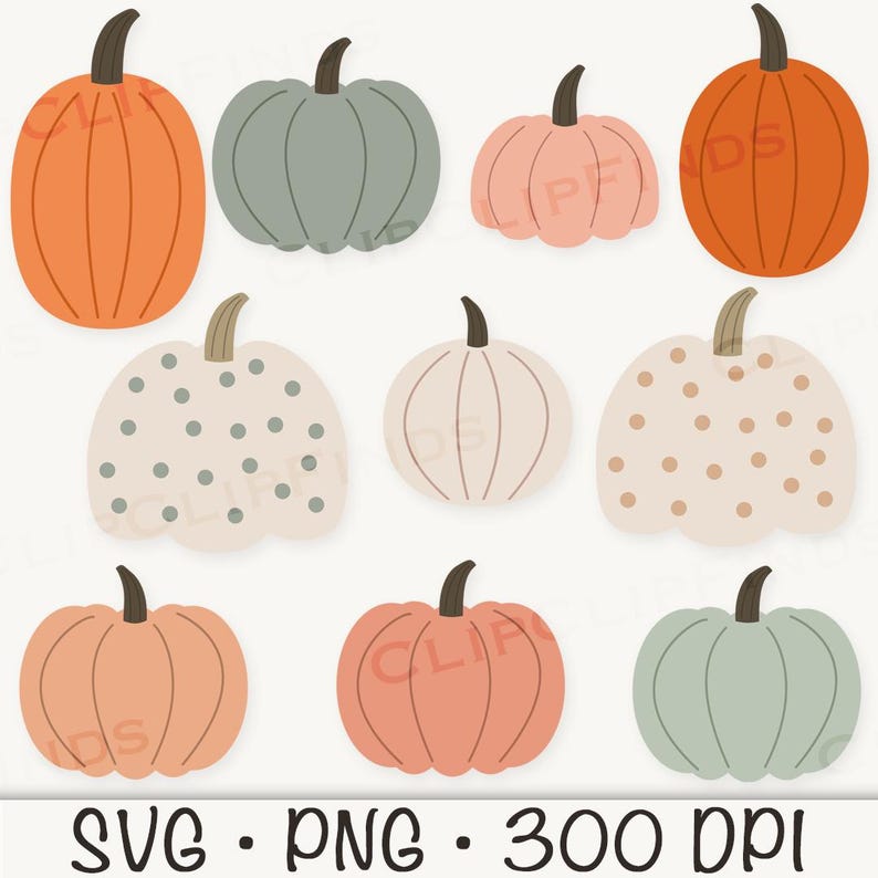 Puede incluir: Conjunto de diez im&aacute;genes de clipart digitales de calabazas en varios colores y patrones. Las calabazas son en tonos de naranja, melocot&oacute;n, beige y verde. Algunas calabazas tienen lunares, mientras que otras son de colores s&oacute;lidos.