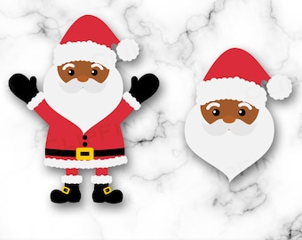 May include: Two digital illustrations of Santa Claus with black skin, white beards, and red hats. The first image shows Santa Claus with his arms outstretched, while the second image shows only Santa Claus's head and shoulders.