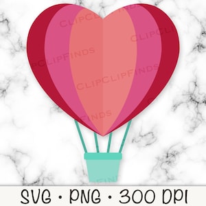 Balão de ar quente de coração, Dia dos Namorados, O amor está no ar, Coração de papel, SVG, PNG, Clipart, Download digital instantâneo
