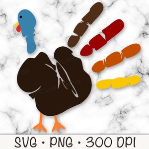 May include: A handprint turkey craft design with a brown body, blue head, red beak, and orange, yellow, and red feathers.  SVG and PNG files included. 300 DPI.