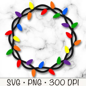 Guirlande lumineuse de Noël SVG, cercle de guirlandes lumineuses de Noël PNG, ampoules de couleur, sublimation de vacances, guirlande lumineuse, fichier numérique