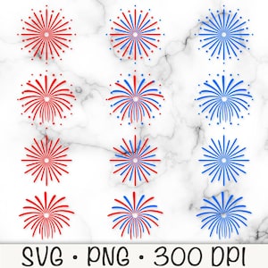 Peut inclure: Plusieurs illustrations de feux d'artifice rouges, blancs et bleus sur un fond marbré. Les feux d'artifice présentent divers motifs avec des étoiles. Le texte "SVG • PNG • 300 DPI" est affiché en bas de l'image.