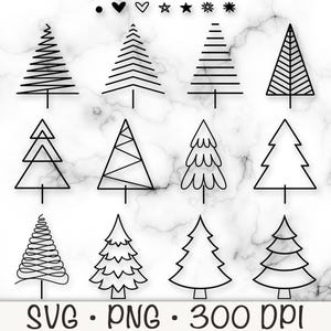 Overzicht kerstboom bundelpakket SVG, minimalistische dennenboom PNG, gevoerde kerstboom illustraties, Krabbel kerstboom, DIY, digitaal bestand