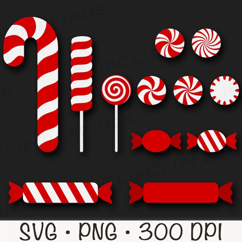 May include: A set of red and white candy cane graphics, including a candy cane, a lollipop, a candy cane stick, and a variety of candy canes in different shapes.  The graphics are perfect for Christmas crafts, scrapbooking, and other festive projects.