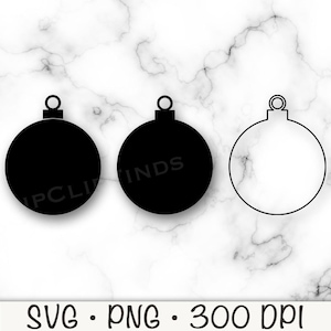 Könnte beinhalten: Drei schwarze und weiße Weihnachtsbaumschmuck-SVG-Schnittdateien. Die Ornamente sind rund mit einer Schlaufe oben. Das erste Ornament ist schwarz gefüllt, das zweite Ornament ist schwarz gefüllt und das dritte Ornament ist eine Umrandung.