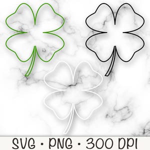 Trèfle contour SVG, trèfle contour PNG, noir, blanc, vert, trèfle à 4 feuilles, Saint Patrick, sublimation, clipart, téléchargement numérique