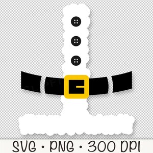 May include: A white Santa Claus suit with a black belt and a gold buckle. The suit has three black buttons on the front.