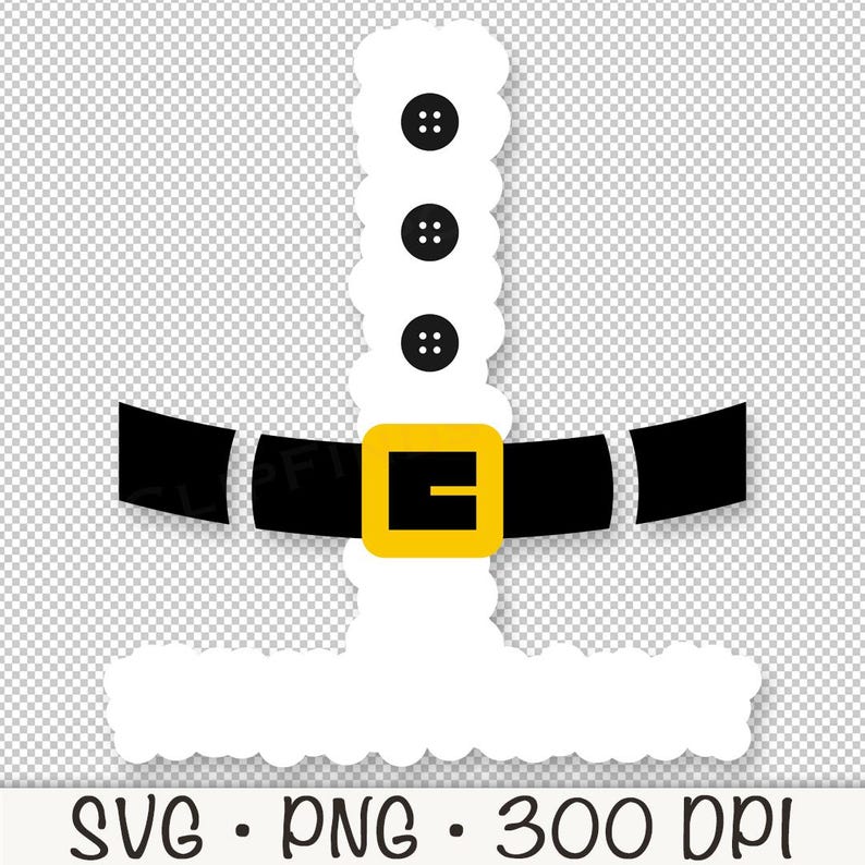 May include: A white Santa Claus suit with a black belt and a gold buckle. The suit has three black buttons on the front.