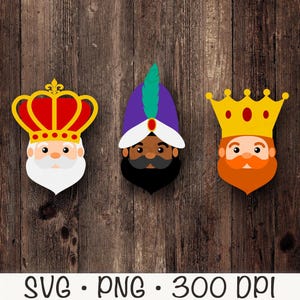 May include: Three cartoon faces of the Three Wise Men, each wearing a crown and a beard. The first face has a red crown and white beard, the second face has a purple turban and black beard, and the third face has a yellow crown and orange beard.