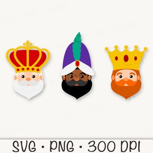 May include: Three cartoon wise men with different colored crowns and facial features. The wise man on the left has a red crown, a white beard, and a white face. The wise man in the middle has a purple turban with a green feather, a black beard, and a brown face. The wise man on the right has a yellow crown, a red beard, and a white face.