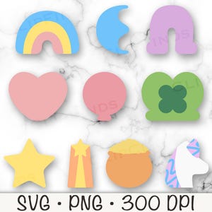 May include: A set of ten SVG cut files featuring various shapes and designs, including a rainbow, a crescent moon, a heart, a shamrock, a star, a unicorn, a pot of gold, and a balloon. The files are perfect for crafting projects, such as making stickers, cards, or party decorations.