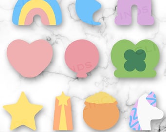 Płatki śniadaniowe z piankami marshmallow na Dzień Świętego Patryka w kształcie SVG, balon, kapelusz skrzata, jednorożec, tęcza, podkowa, garnek złota, balon, księżyc