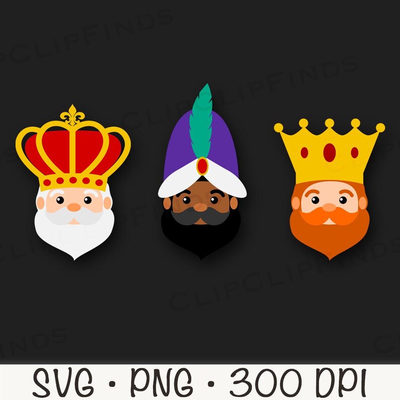 May include: Three cartoon wise men with different colored crowns and beards. The wise man on the left has a red crown and white beard, the wise man in the middle has a purple turban and black beard, and the wise man on the right has a gold crown and orange beard.