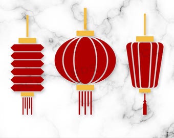 May include: Three red paper lanterns with yellow accents are displayed against a marble background. The lanterns vary in shape: one is a stacked hexagon design, one is oval, and the third is a rectangular shape. The image includes the text "SVG • PNG • 300 DPI".