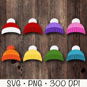 May include: A collection of eight colorful winter hats with white pom-poms. The hats are in various colors, including red, purple, pink, orange, yellow, green, and blue. The hats are arranged on a wooden background.