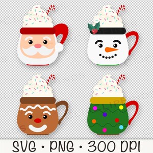 May include: Four different Christmas-themed mugs with whipped cream and sprinkles. The mugs feature Santa Claus, a snowman, a gingerbread man, and a Christmas tree.