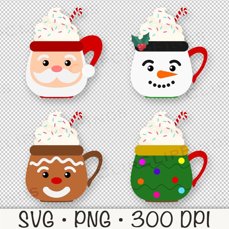 May include: Four different Christmas-themed mugs with whipped cream and sprinkles. The mugs feature Santa Claus, a snowman, a gingerbread man, and a Christmas tree.