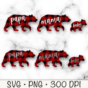 Famille d'ours à carreaux Buffalo SVG, ours de Noël à carreaux Buffalo rouge PNG, papa, maman, bébé, sublimation, fichier en téléchargement numérique