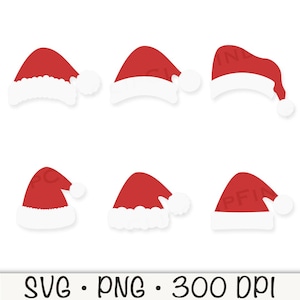 May include: Six red and white Santa hats with a white pom-pom on the tip. The hats are in various positions, some are tilted and some are straight.
