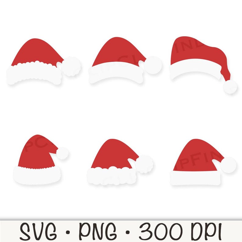 May include: Six red and white Santa hats with a white pom-pom on the tip. The hats are in various positions, some are tilted and some are straight.