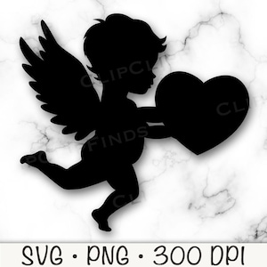 Cupid SVG, Valentine&#39;s Day Cupid PNG, Cupid Silhouette, Cupid Holding Heart, Vector Cut File, Transparent Background, Sublimation, Clipart