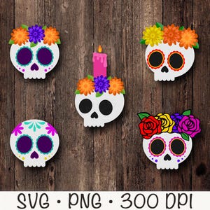 シュガースカル、バラ、マリーゴールドの花、キャンドル、メキシコ、死者の日、かわいい明るいカラフル、SVG、PNG、インスタントデジタルダウンロード