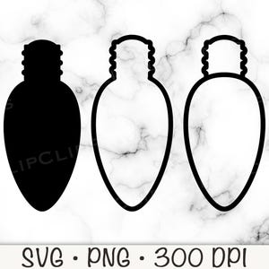 May include: Three black outline illustrations of Christmas light bulbs. The first bulb is filled in black. The second and third bulbs are empty.