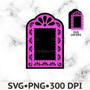 May include: A digital graphic design featuring a bright pink arched tag frame with a scalloped edge and floral cutouts, layered over a solid black rectangular base. The text SVG LAYERS is visible in the upper right corner of the image.