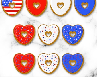 Donas patrióticas SVG, donas con forma de corazón y bandera estadounidense PNG, 4 de julio, imágenes prediseñadas de donas, rojo, blanco y azul, chispas, descarga digital