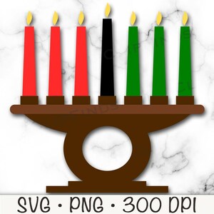 May include: A traditional Kwanzaa kinara with seven candles, three red, three green, and one black in the center. The candles are on a brown wooden base.