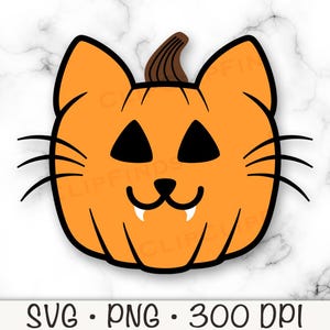 May include: An orange cat-pumpkin hybrid illustration with black eyes, nose, and whiskers. The design includes a brown stem and two small fangs. The bottom of the image displays the text "SVG • PNG • 300 DPI".