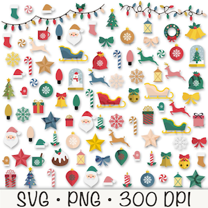 May include: A collection of colorful Christmas clip art featuring a variety of festive elements, including a Santa Claus, a reindeer, a Christmas tree, a snowman, a candy cane, a bell, a star, a snowflake, a gift box, a wreath, a stocking, a lantern, a bow, a gingerbread house, a Christmas ornament, and a string of lights.  SVG. PNG. 300 DPI.