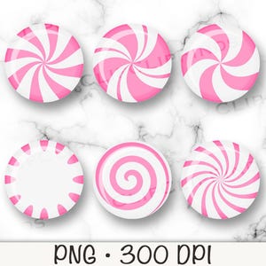 May include: Six pink and white candy cane swirl designs. The candy canes are round and have a glossy finish.
