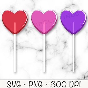 Pacote de pacote SVG de pirulito em forma de coração, clipart de pirulito em PNG de coração, doces de dia dos namorados, download digital