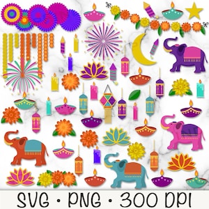 ディワリ クリップアート、ディワリ グラフィック バンドル パック、SVG、PNG、ディヤ、フェスティバル、ランタン、象、マリーゴールドの花、蓮、インスタント デジタル ダウンロード