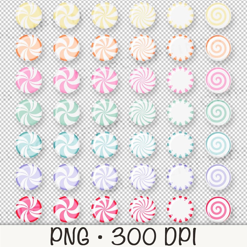 Puede incluir: Una colecci&oacute;n de caramelos redondos y coloridos con un dise&ntilde;o en espiral. Los caramelos vienen en varios colores, incluyendo amarillo, naranja, rosa, verde, azul, morado y rojo. La imagen tambi&eacute;n incluye el texto "PNG &bull; 300 DPI".