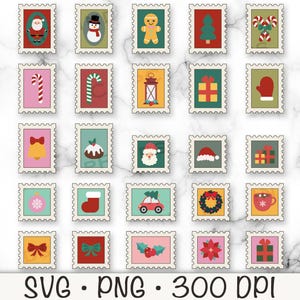 Può includere: Una collezione di design di francobolli a tema natalizio. Ogni francobollo presenta un'immagine festiva diversa, tra cui Babbo Natale, un pupazzo di neve, un omino di pan di zenzero, un albero di Natale, bastoncini di zucchero e regali. I francobolli sono in vari colori.