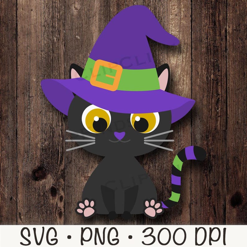 Cute Halloween Cat PNG, Halloween Cat With Witch Hat SVG, Black Kitten ...