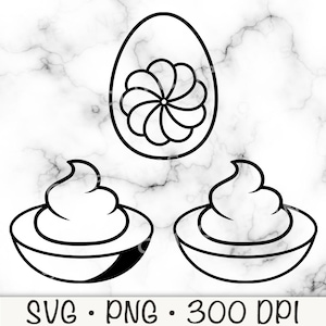 Può includere: Disegno a tratto nero e bianco di un uovo con un motivo floreale all'interno e due ciotole di panna montata. L'immagine include anche il testo "SVG • PNG • 300 DPI".