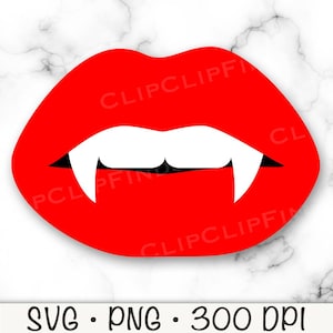 May include: Red lips with white vampire fangs. Halloween themed graphic design.