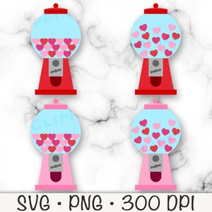 Op de afbeelding: Vier snoepgoedautomaten met een blauwe glazen bol gevuld met roze en rode harten. Twee snoepgoedautomaten zijn rood en twee zijn roze.