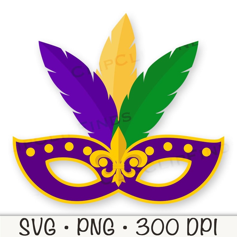 K&ouml;nnte beinhalten: Lila, gr&uuml;n und goldene Mardi Gras-Maske mit Federn. Die Maske hat ein Fleur-de-lis-Design in der Mitte.